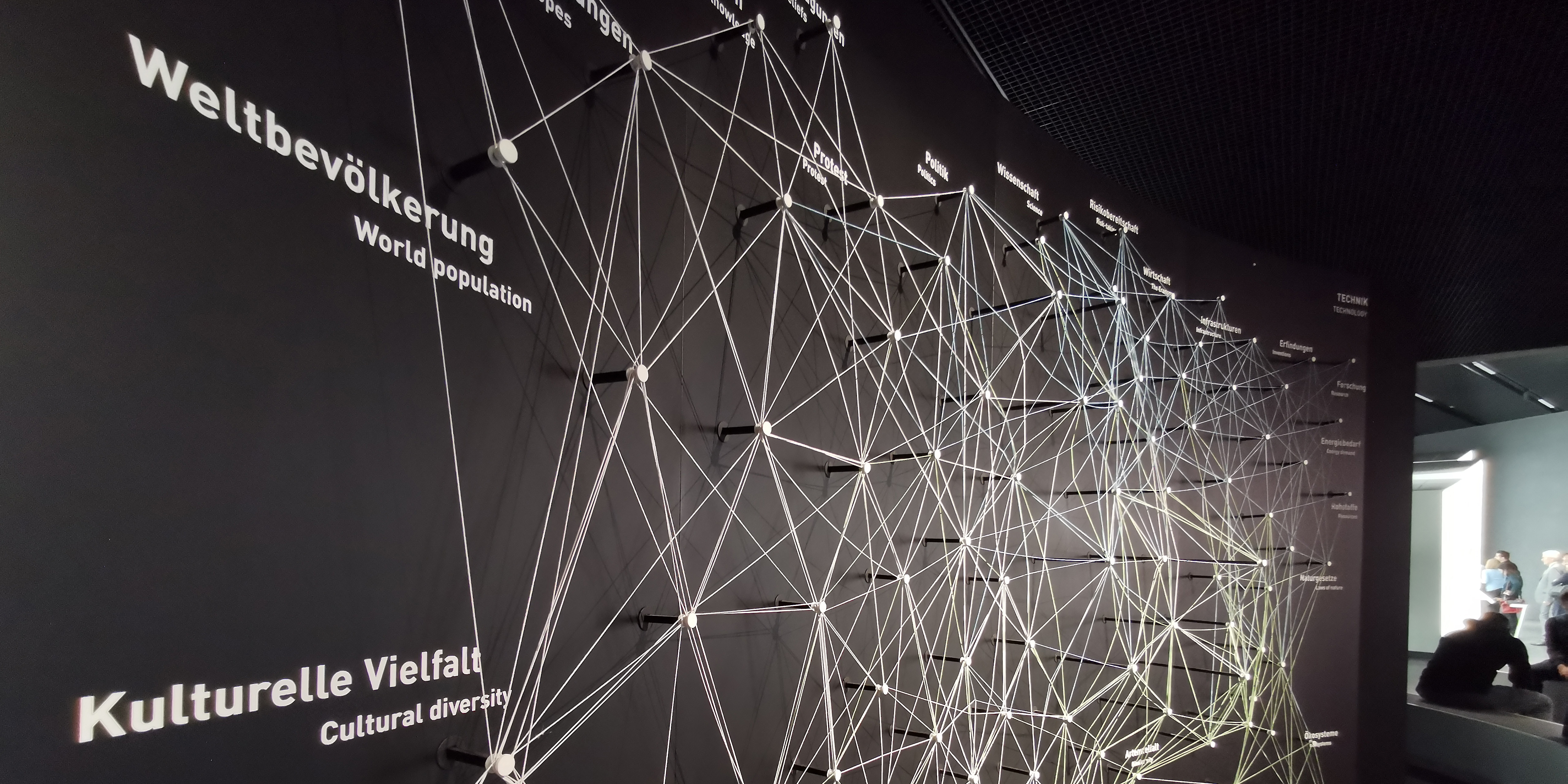 Foto einer Netzwerkstruktur aus Fäden an der Wand im Futurium
