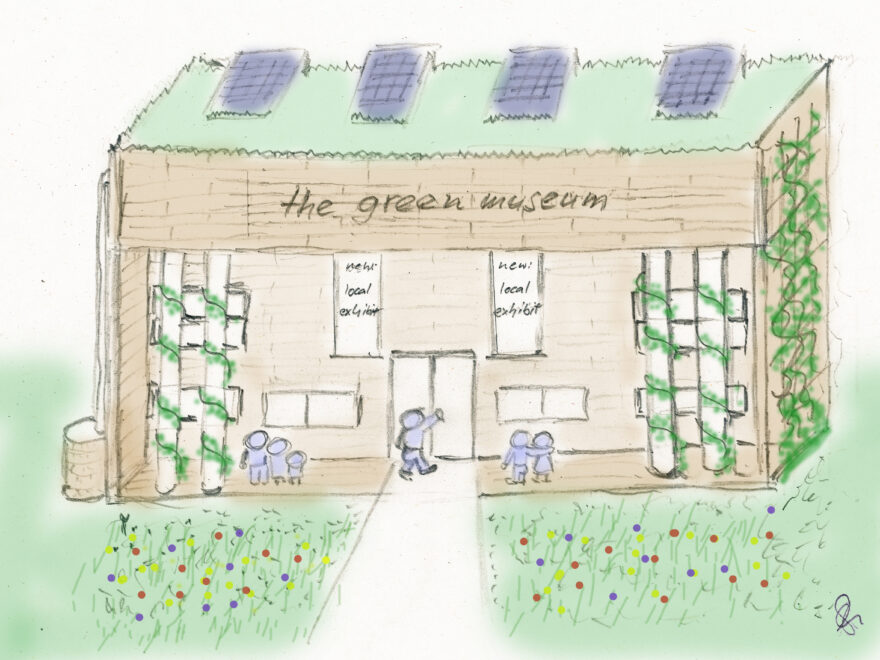 Zeichnung eines grünen Museums. Gebäude aus Holz, Dach mit Solaranlagen, insgesamt viel Begrünung der Anlage.